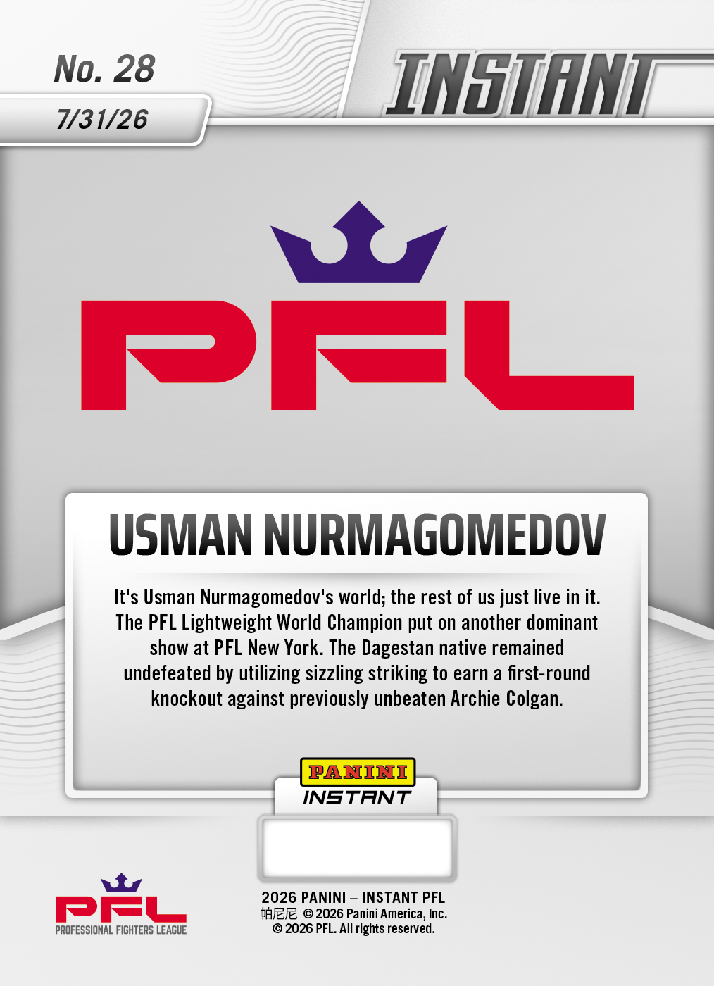Product thumbnail image 2 of Usman Nurmagomedov - 2026 Panini Instant PFL #28 - Galaxy 1/1