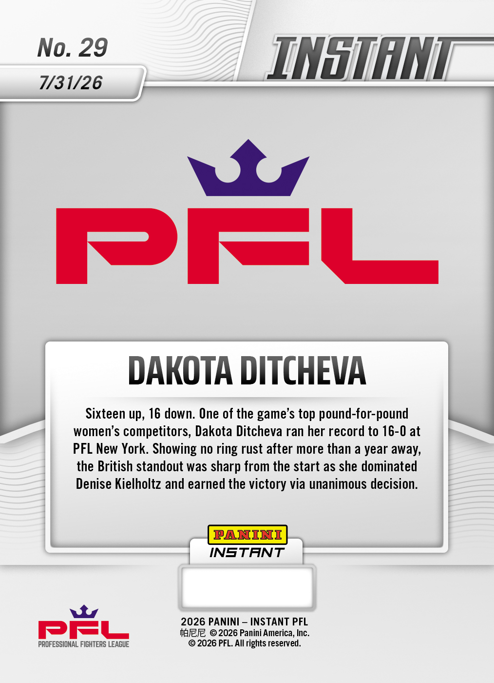 Product thumbnail image 2 of Dakota Ditcheva - 2026 Panini Instant PFL #29 - Metallic /5