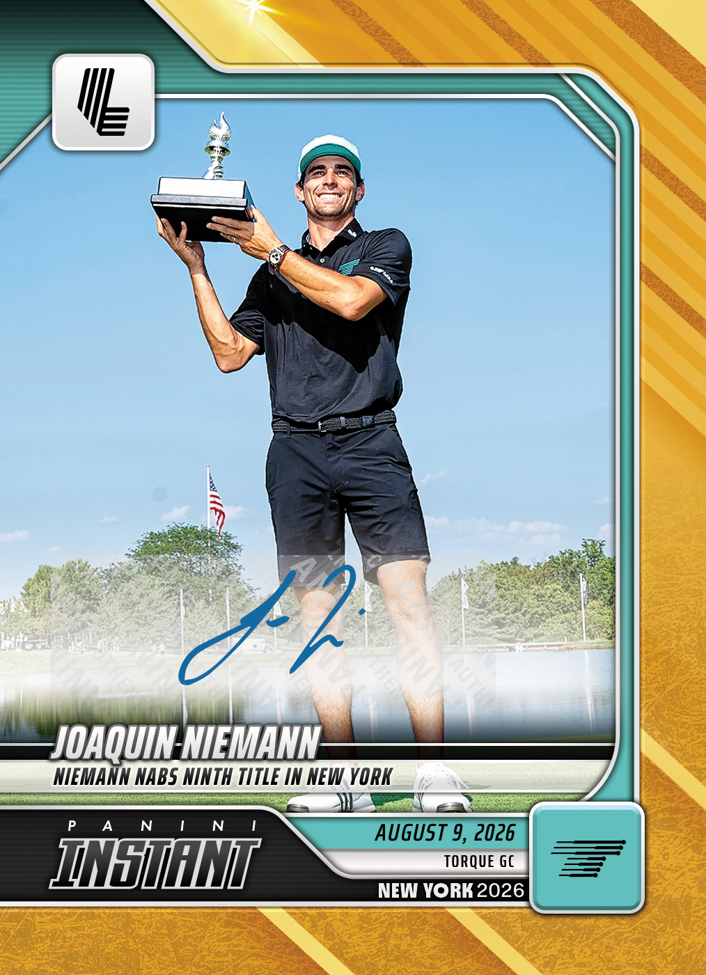Detailed Image of Joaquin Niemann - 2026 Panini Instant LIV Golf #22 - Gold /10 Auto
