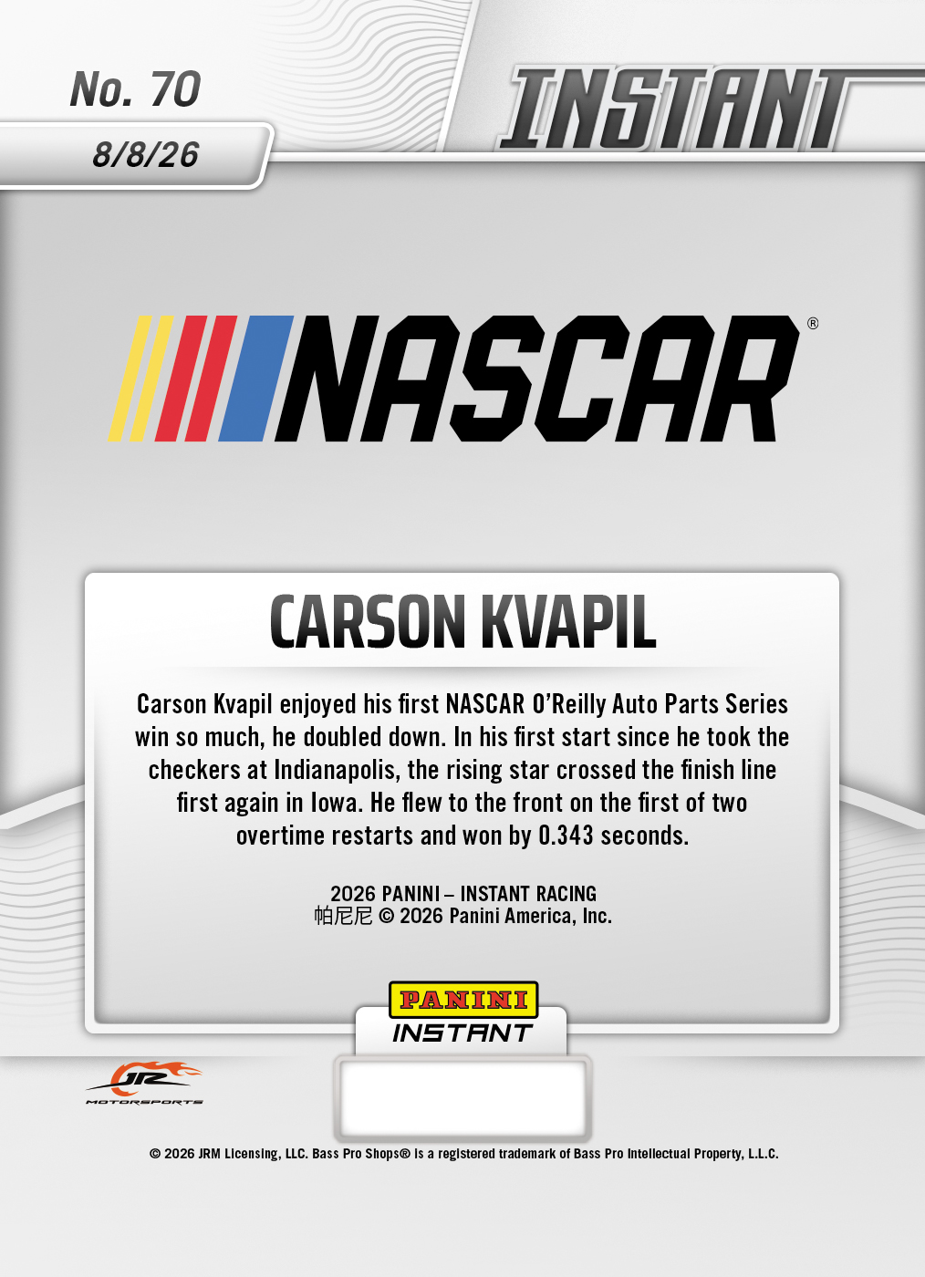 Product thumbnail image 2 of Carson Kvapil - 2026 Panini Instant NASCAR #70 - Metallic /5
