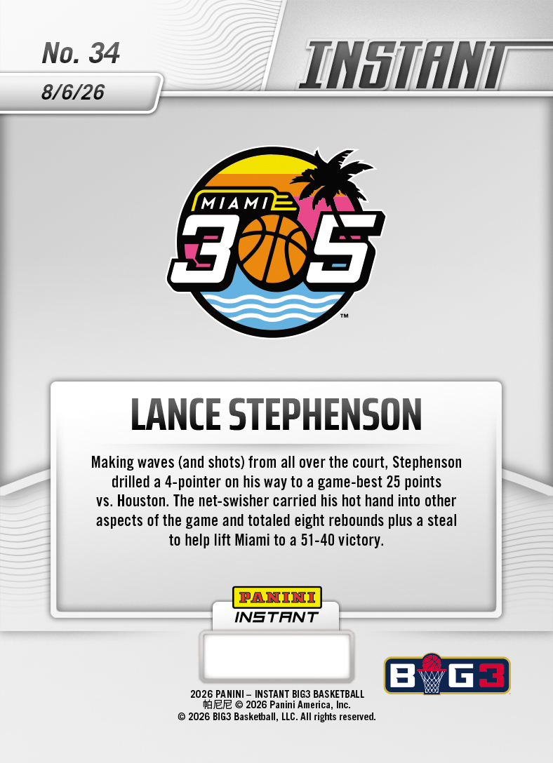 Product thumbnail image 2 of Lance Stephenson - 2026 Panini Instant Big3 #34 - Base Card 25-pack