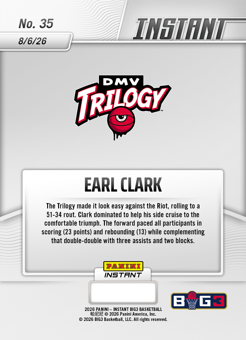 Product thumbnail image 2 of Earl Clark - 2026 Panini Instant Big3 #35 - Base Card 25-pack