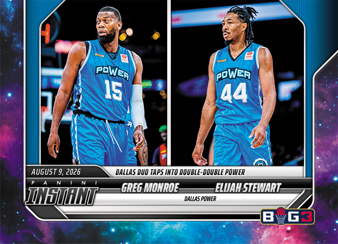 Detailed Image of Elijah Stewart/Greg Monroe - 2026 Panini Instant Big3 #36 - Galaxy 1/1