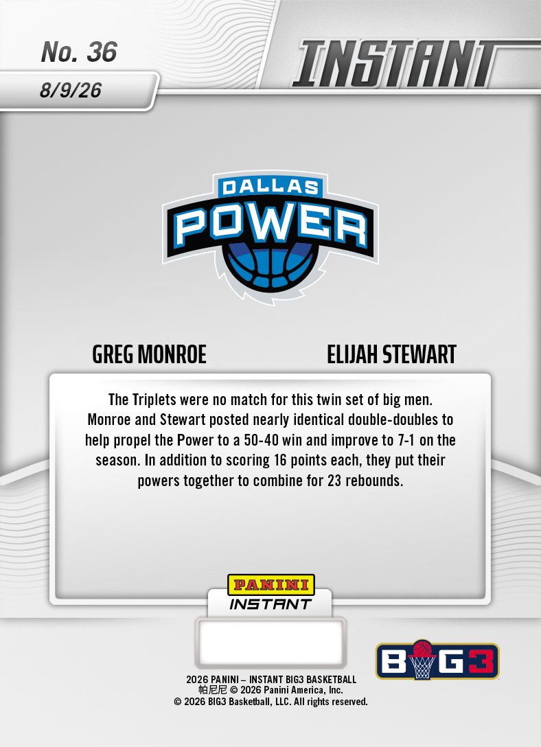 Product thumbnail image 2 of Elijah Stewart/Greg Monroe - 2026 Panini Instant Big3 #36 - Base Card 25-pack
