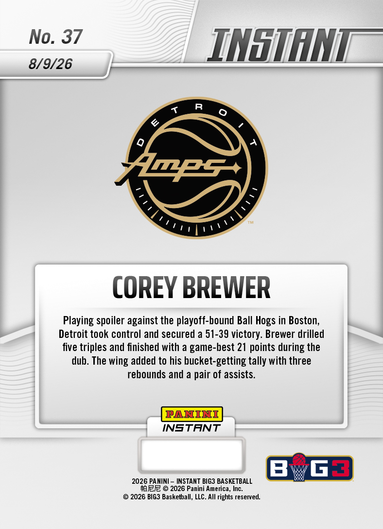 Product thumbnail image 2 of Corey Brewer - 2026 Panini Instant Big3 #37 - Base Card 10-pack