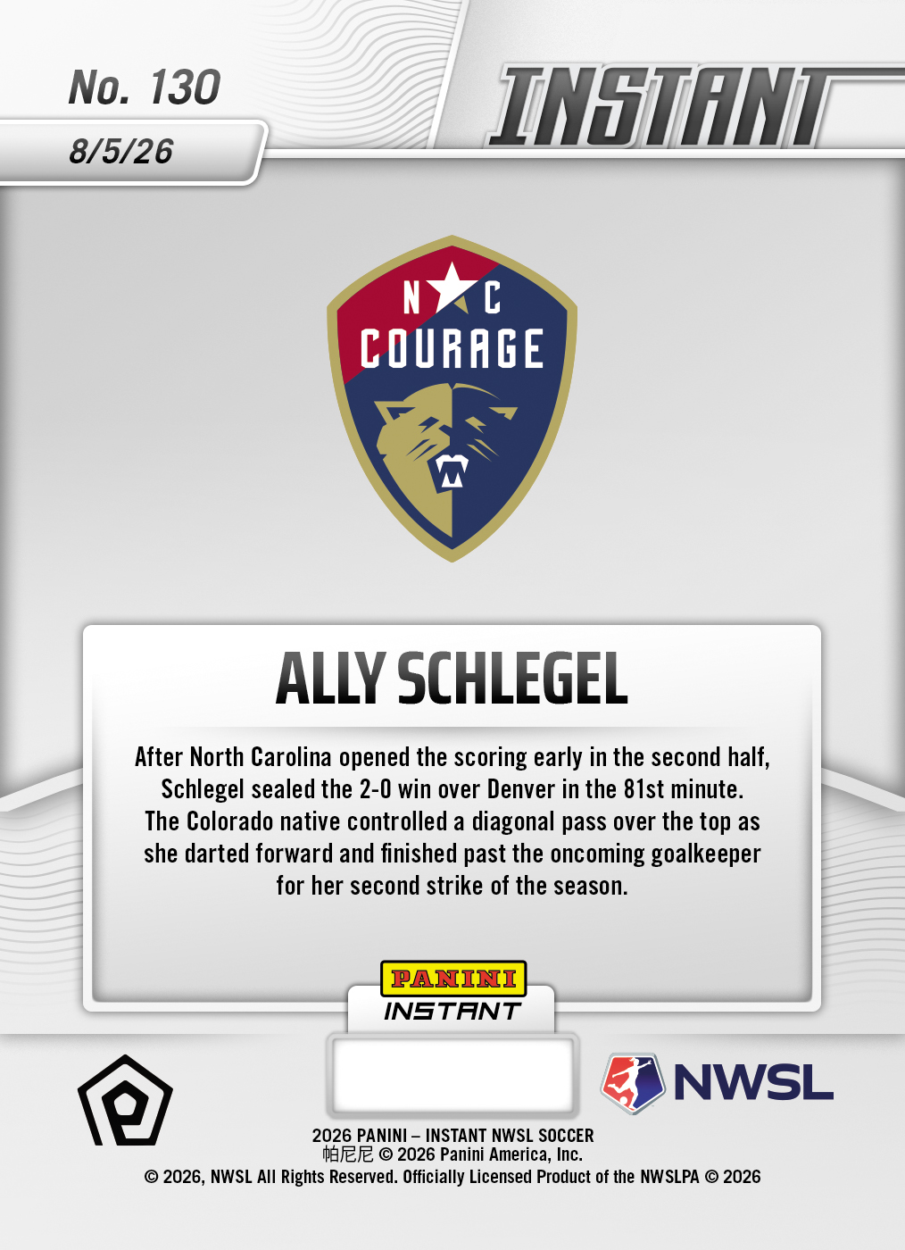 Product thumbnail image 2 of Ally Schlegel - 2026 Panini Instant NWSL #130 - Base Card 25-pack