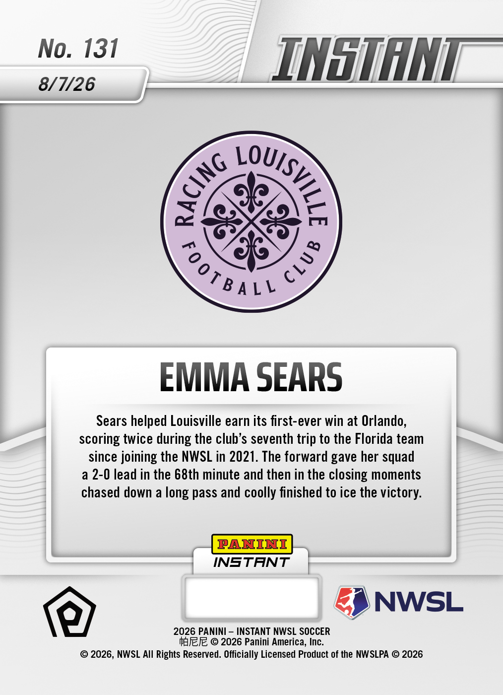 Product thumbnail image 2 of Emma Sears - 2026 Panini Instant NWSL #131 - Base Card 25-pack