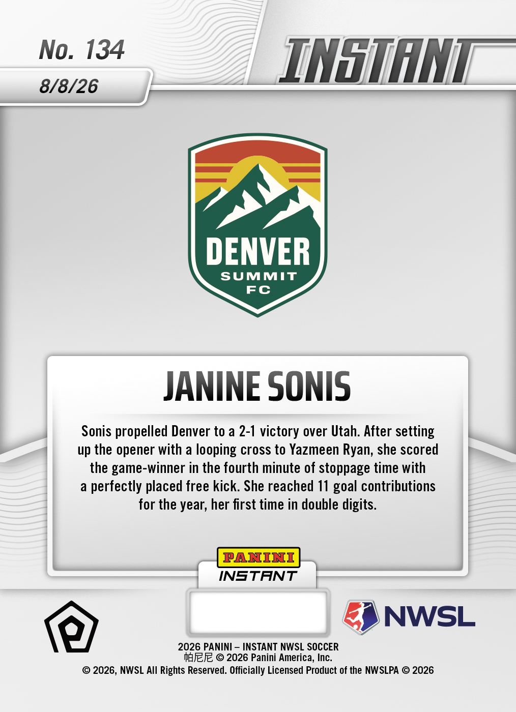Product thumbnail image 2 of Janine Sonis - 2026 Panini Instant NWSL #134 - Base Card 10-pack