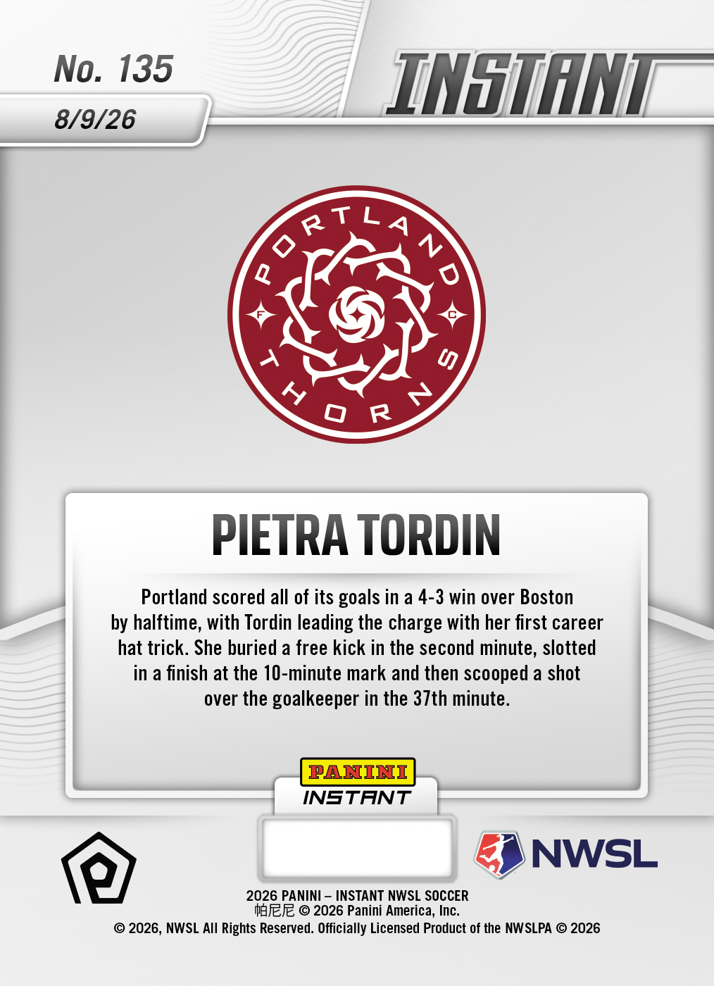 Product thumbnail image 2 of Pietra Tordin - 2026 Panini Instant NWSL #135 - Base Card