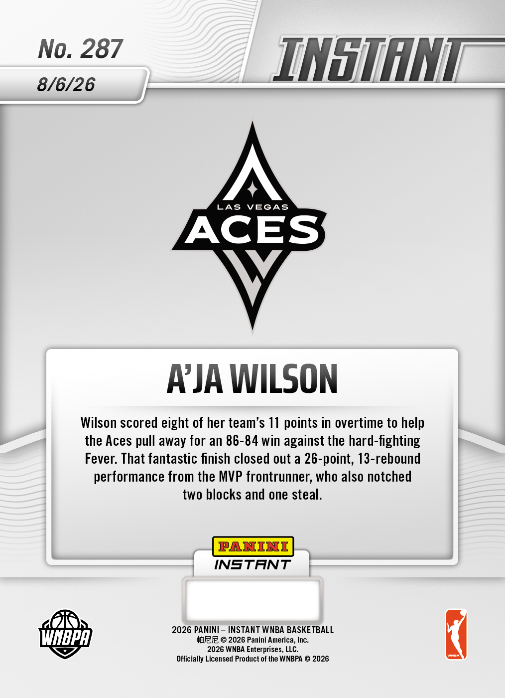 Product thumbnail image 2 of A'ja Wilson - 2026 Panini Instant WNBA #287 - Base Card 25-pack