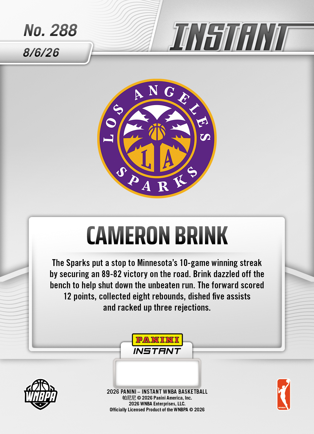 Product thumbnail image 2 of Cameron Brink - 2026 Panini Instant WNBA #288 - Base Card 25-pack