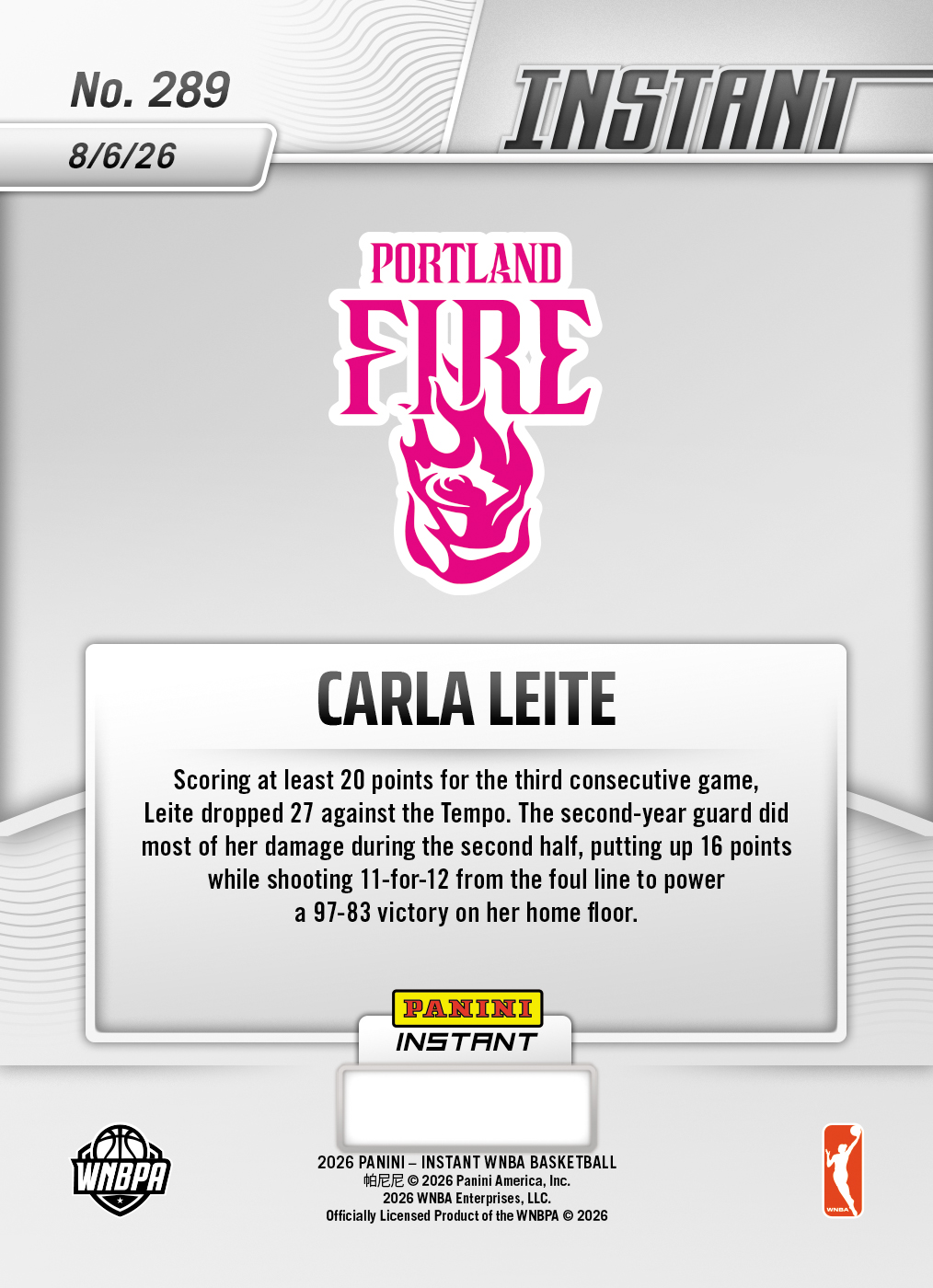 Product thumbnail image 2 of Carla Leite - 2026 Panini Instant WNBA #289 - Base Card 10-pack