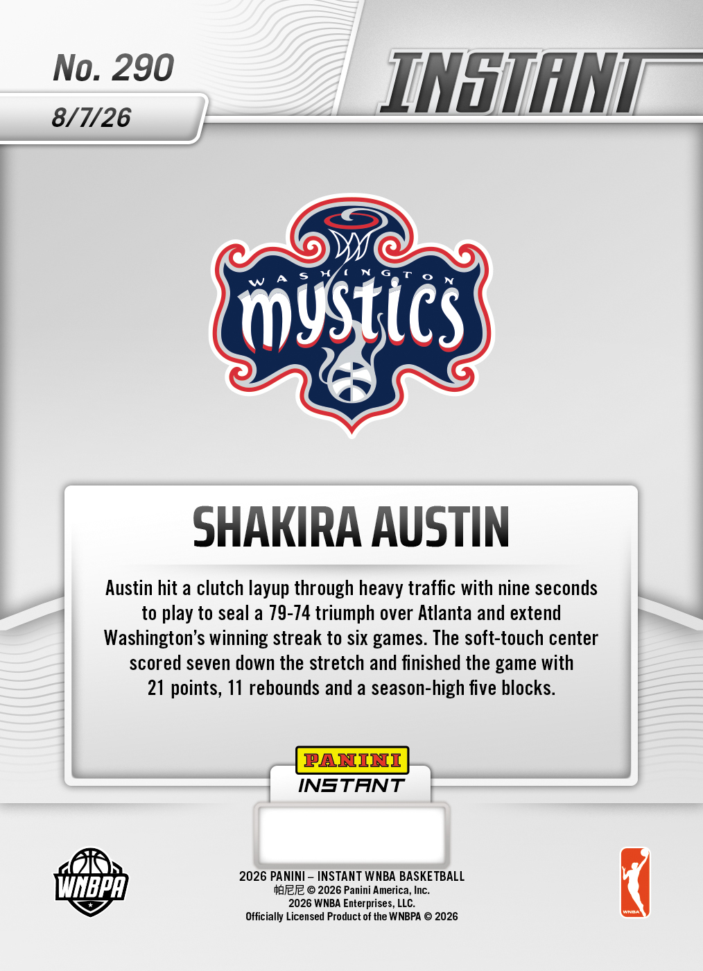 Product thumbnail image 2 of Shakira Austin - 2026 Panini Instant WNBA #290 - Base Card 5-pack
