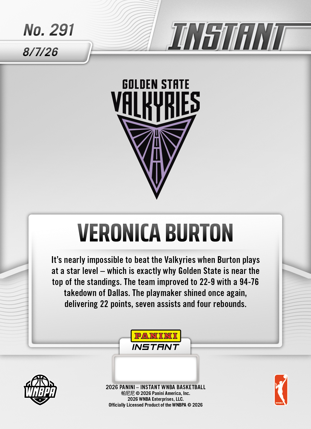 Product thumbnail image 2 of Veronica Burton - 2026 Panini Instant WNBA #291 - Base Card 25-pack
