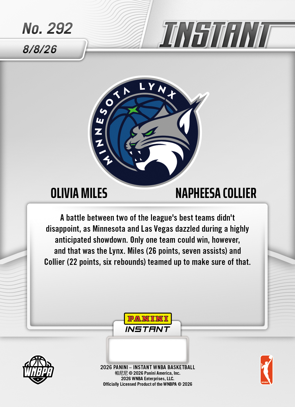 Product thumbnail image 2 of Olivia Miles/Napheesa Collier - 2026 Panini Instant WNBA #292 - Base Card 10-pack
