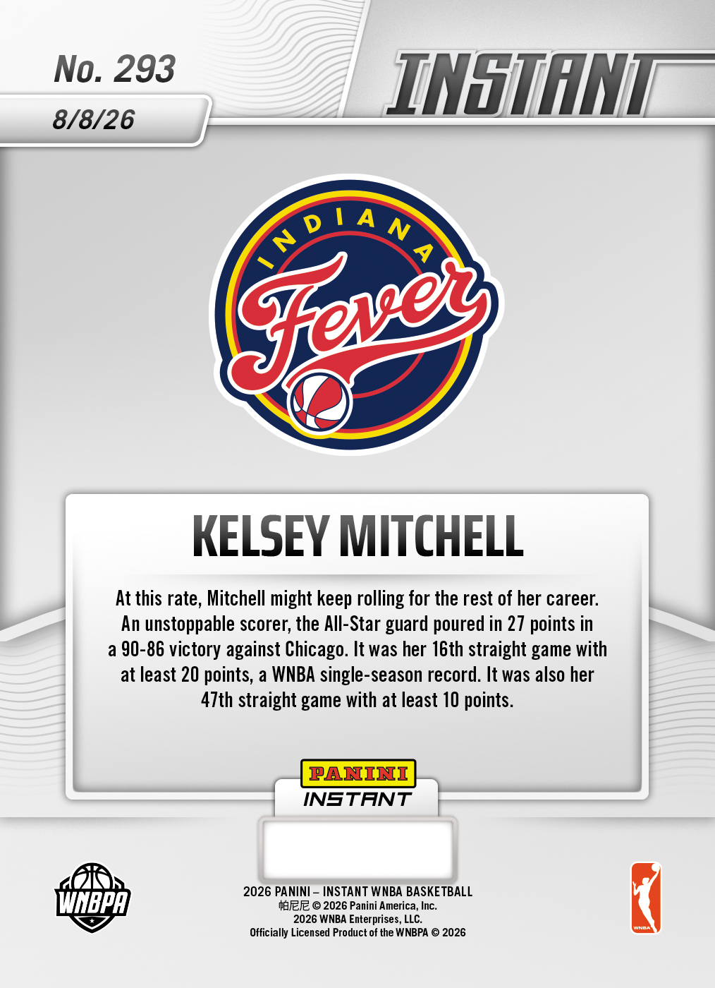 Product thumbnail image 2 of Kelsey Mitchell - 2026 Panini Instant WNBA #293 - Base Card 25-pack
