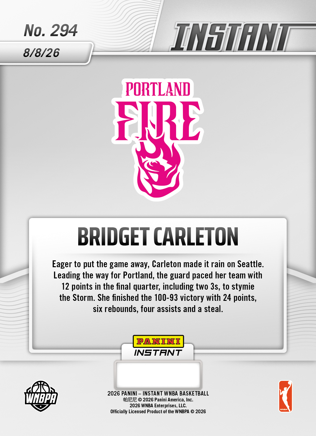 Product thumbnail image 2 of Bridget Carleton - 2026 Panini Instant WNBA #294 - Base Card 5-pack