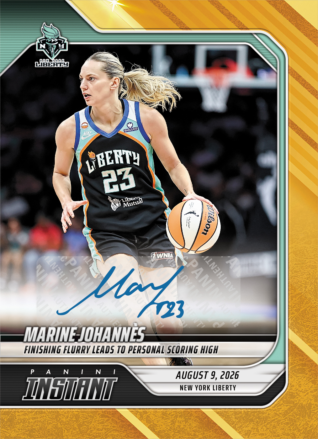 Detailed Image of Marine Johannes - 2026 Panini Instant WNBA #295 - Gold /10 Auto