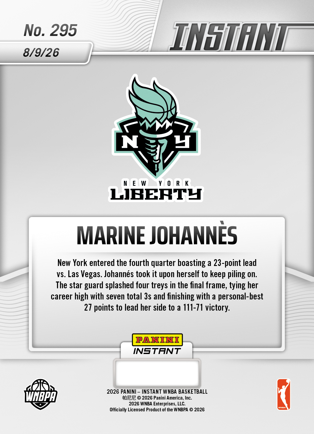 Product thumbnail image 2 of Marine Johannes - 2026 Panini Instant WNBA #295 - Base Card 5-pack