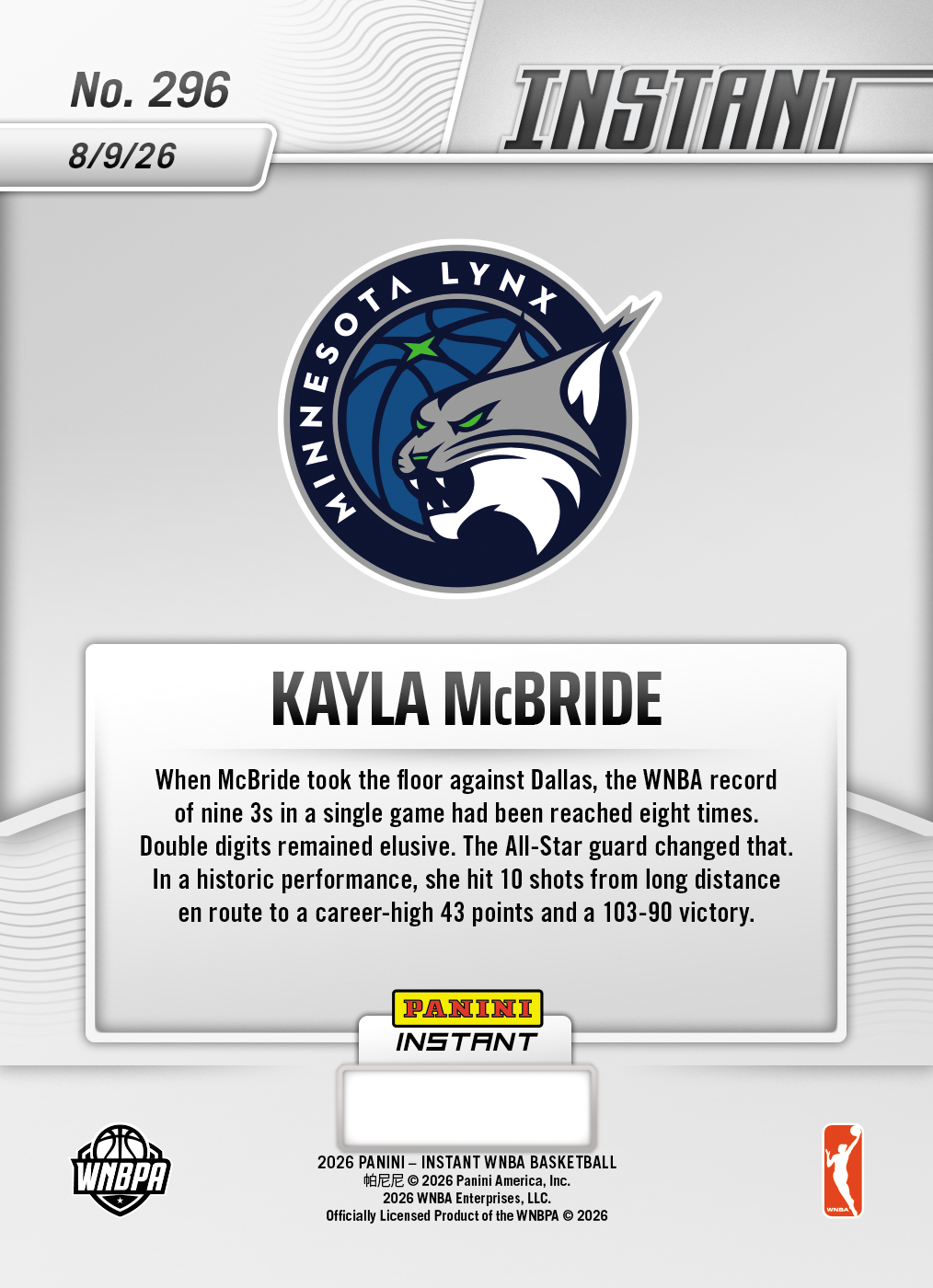 Product thumbnail image 2 of Kayla McBride - 2026 Panini Instant WNBA #296 - Base Card 25-pack