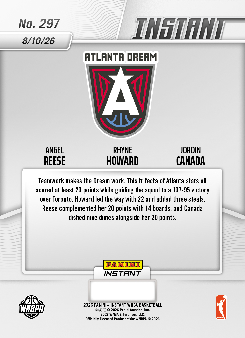 Product thumbnail image 2 of Angel Reese/Rhyne Howard/Jordin Canada - 2026 Panini Instant WNBA #297 - Base Card 5-pack