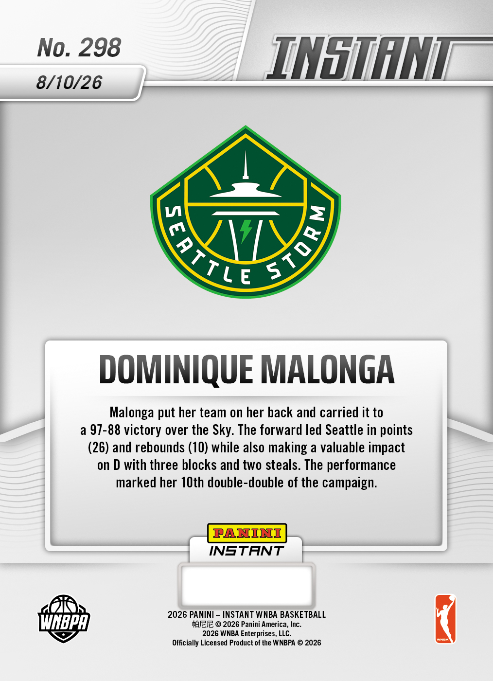 Product thumbnail image 2 of Dominique Malonga - 2026 Panini Instant WNBA #298 - Base Card 25-pack