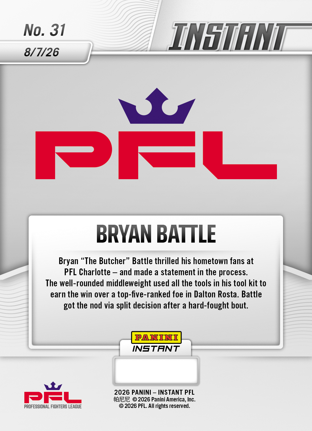 Product thumbnail image 2 of Bryan Battle - 2026 Panini Instant PFL #31 - Base Card 25-pack