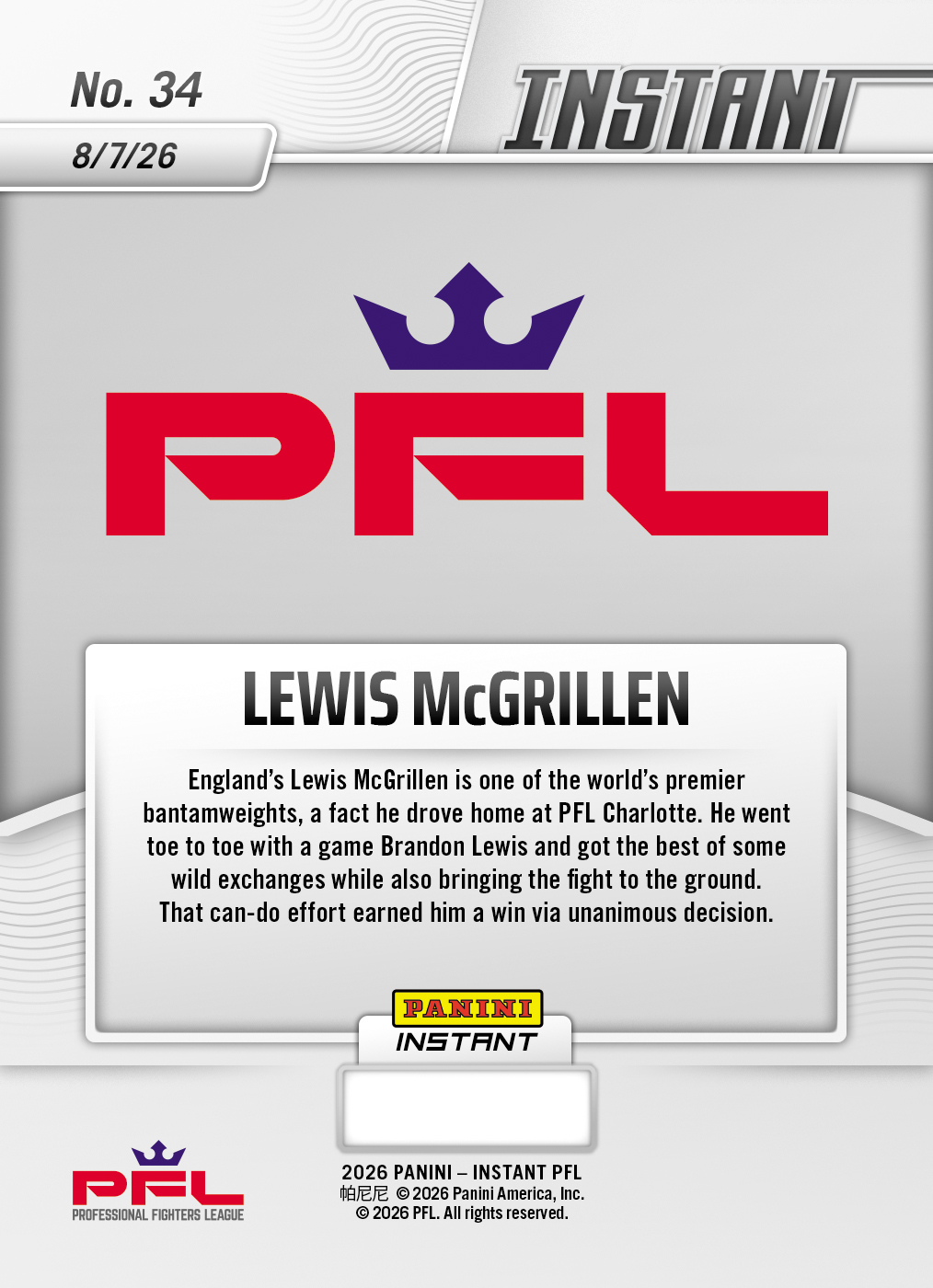 Product thumbnail image 2 of Lewis McGrillen - 2026 Panini Instant PFL #34 - Base Card 25-pack