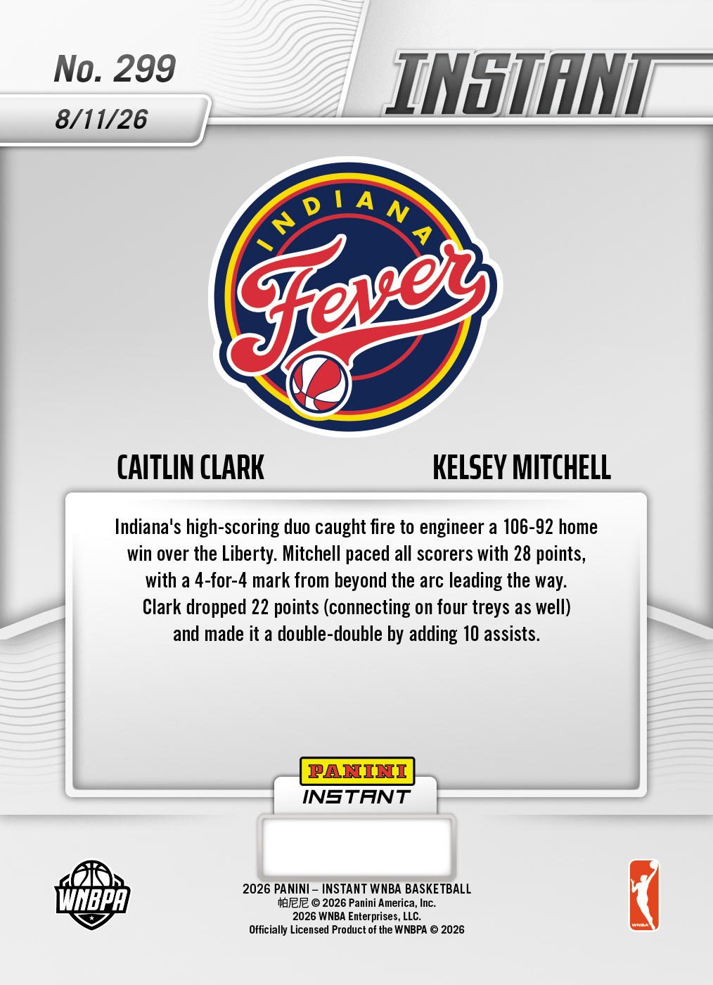 Product thumbnail image 2 of Caitlin Clark/Kelsey Mitchell - 2026 Panini Instant WNBA #299 - Base Card