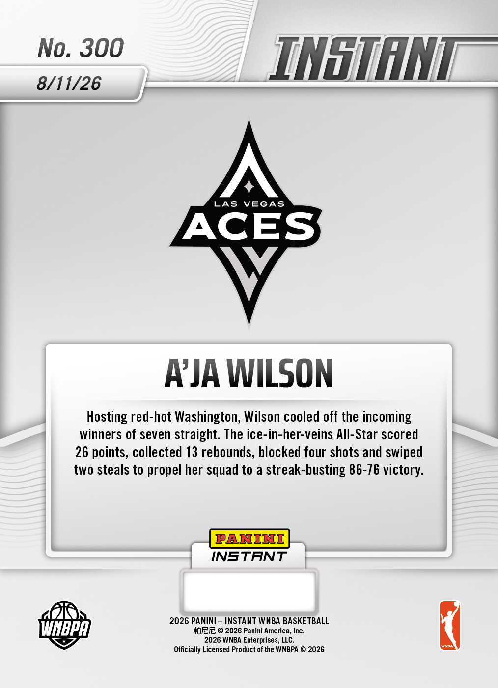 Product thumbnail image 2 of A'ja Wilson - 2026 Panini Instant WNBA #300 - Base Card 5-pack