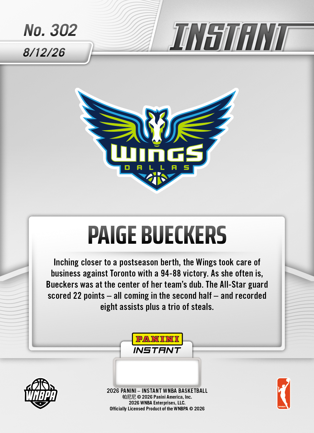 Product thumbnail image 2 of Paige Bueckers - 2026 Panini Instant WNBA #302 - Base Card 5-pack