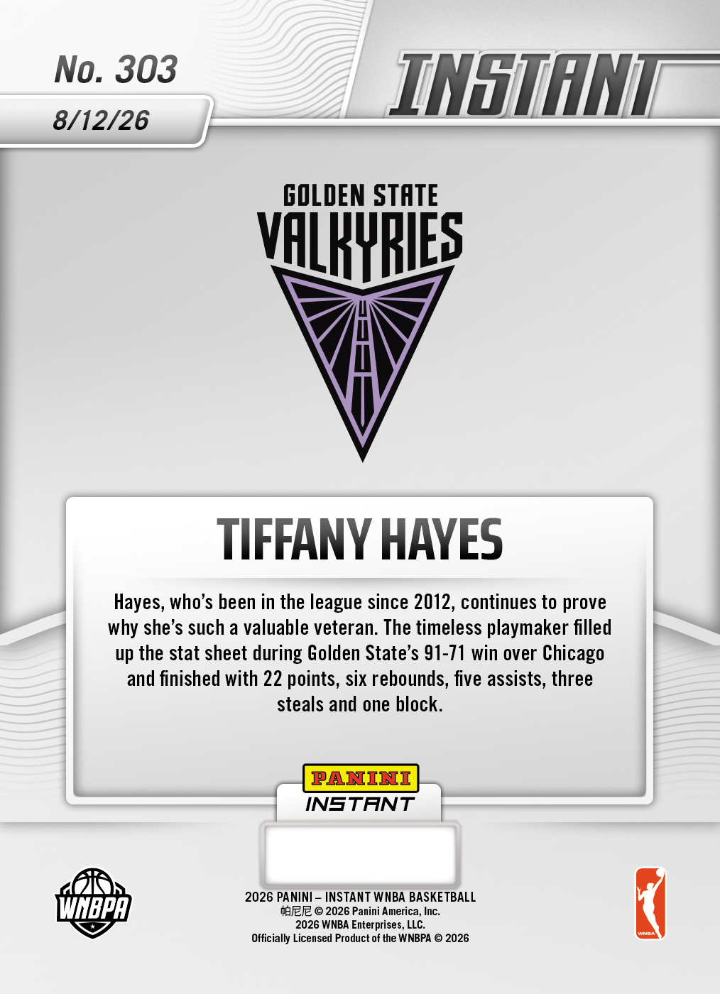 Product thumbnail image 2 of Tiffany Hayes - 2026 Panini Instant WNBA #303 - Base Card