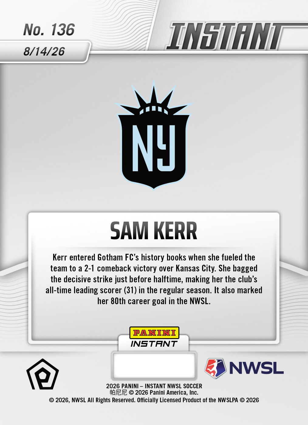 Product thumbnail image 2 of Sam Kerr - 2026 Panini Instant NWSL #136 - Base Card 5-pack