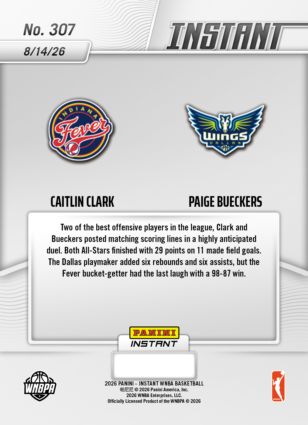 Product thumbnail image 2 of Caitlin Clark/Paige Bueckers - 2026 Panini Instant WNBA #307 - Base Card 25-pack