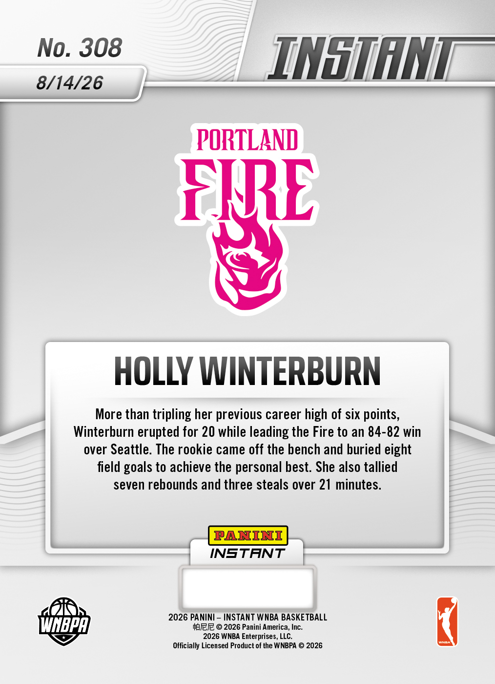 Product thumbnail image 2 of Holly Winterburn - 2026 Panini Instant WNBA #308 - Base Card