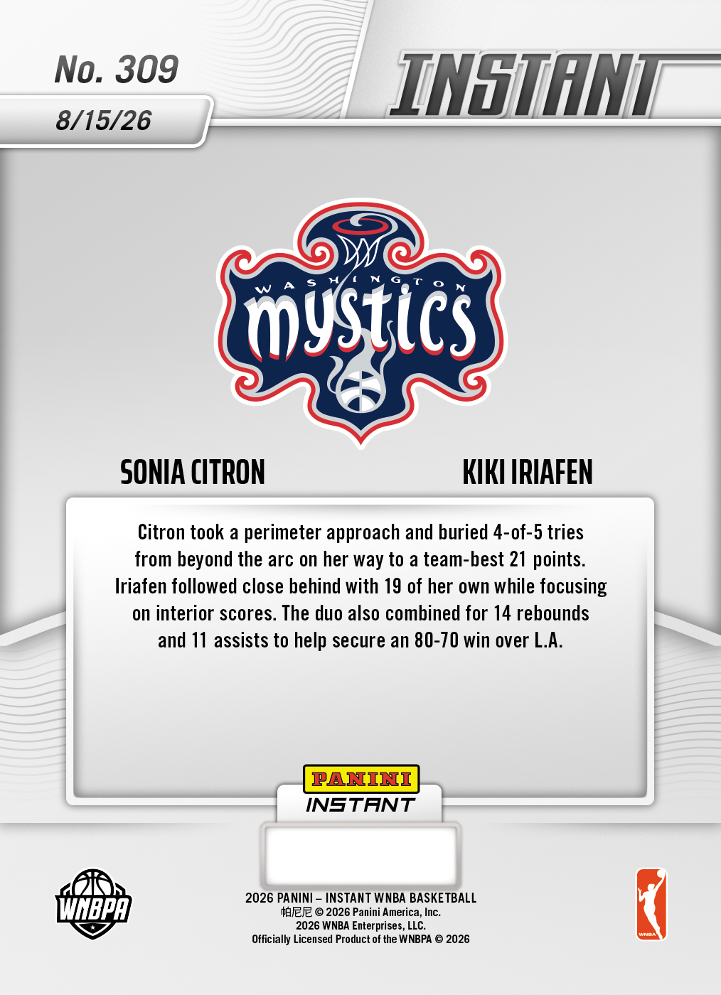 Product thumbnail image 2 of Sonia Citron/Kiki Iriafen - 2026 Panini Instant WNBA #309 - Galaxy 1/1