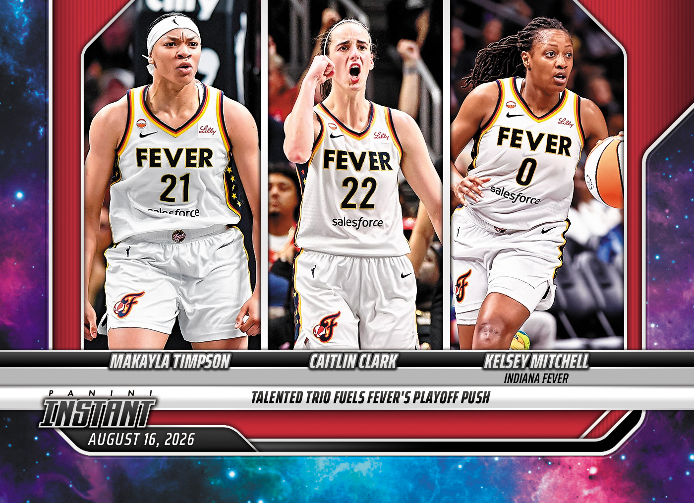 Detailed Image of Makayla Timpson/Caitlin Clark/Kelsey Mitchell - 2026 Panini Instant WNBA #311 - Galaxy 1/1