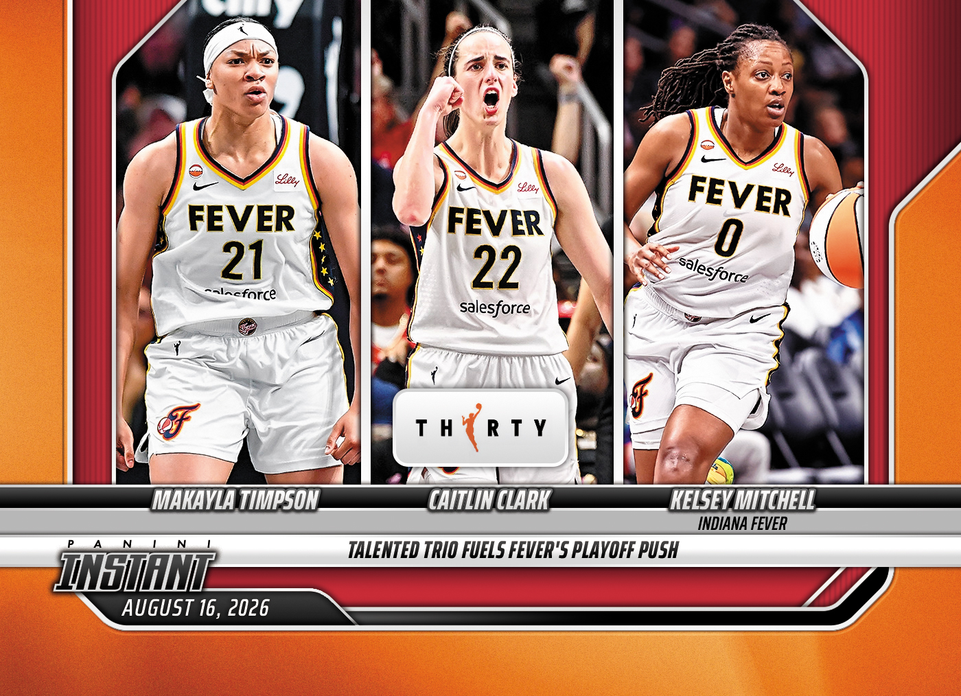 Detailed Image of Makayla Timpson/Caitlin Clark/Kelsey Mitchell - 2026 Panini Instant WNBA #311 - 30th Anniversary /30