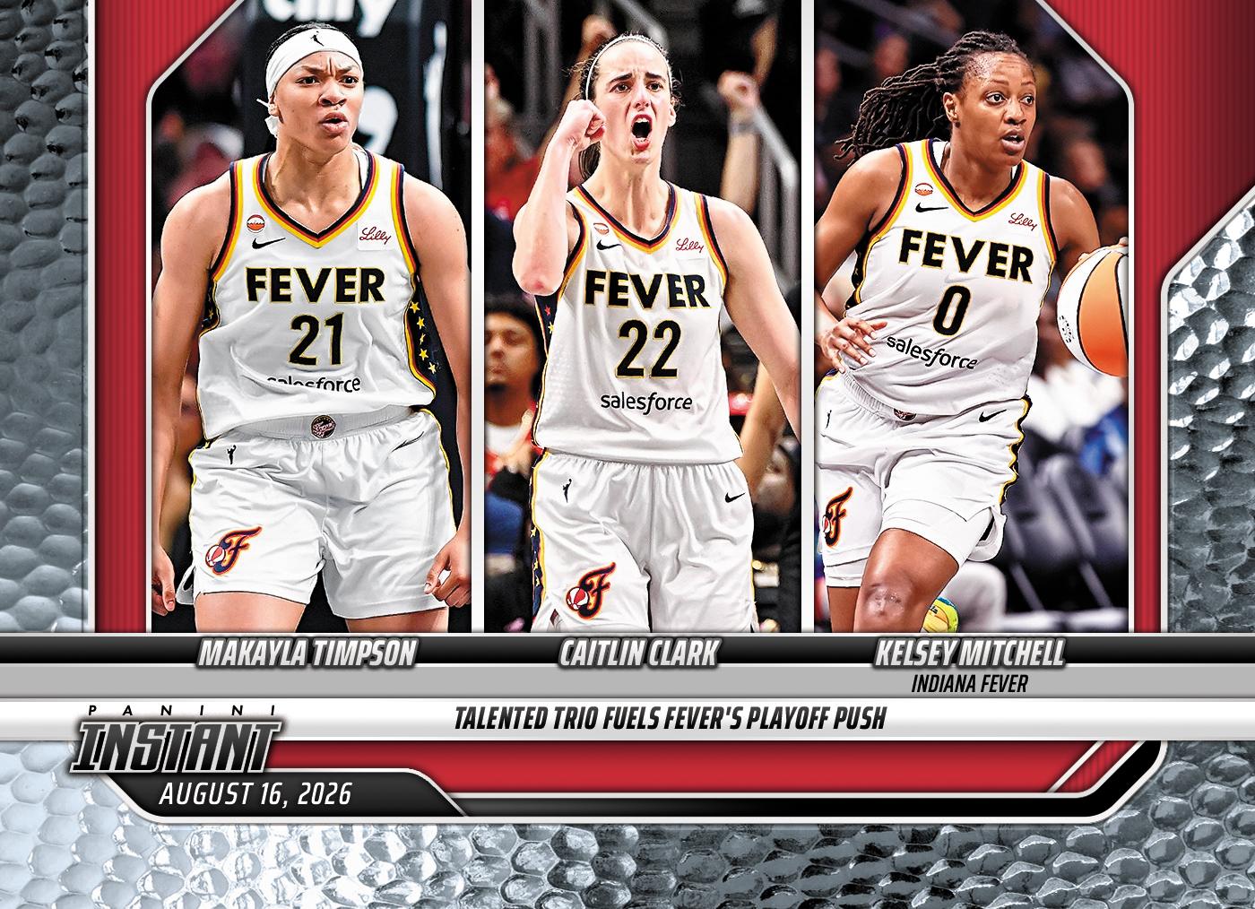 Detailed Image of Makayla Timpson/Caitlin Clark/Kelsey Mitchell - 2026 Panini Instant WNBA #311 - Metallic /5
