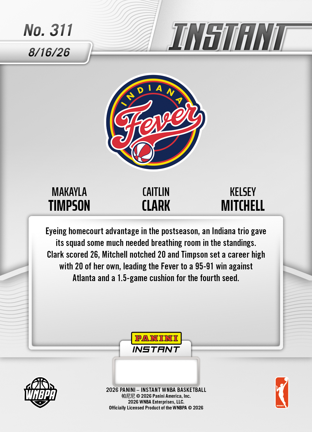 Product thumbnail image 2 of Makayla Timpson/Caitlin Clark/Kelsey Mitchell - 2026 Panini Instant WNBA #311 - Base Card 5-pack