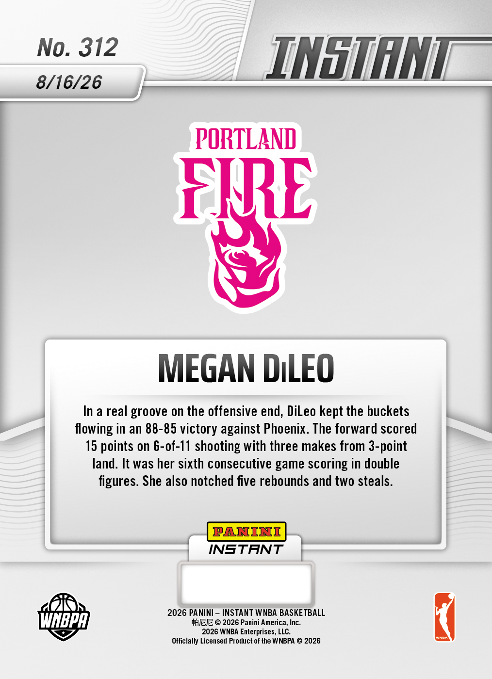Product thumbnail image 2 of Megan DiLeo - 2026 Panini Instant WNBA #312 - Base Card 25-pack