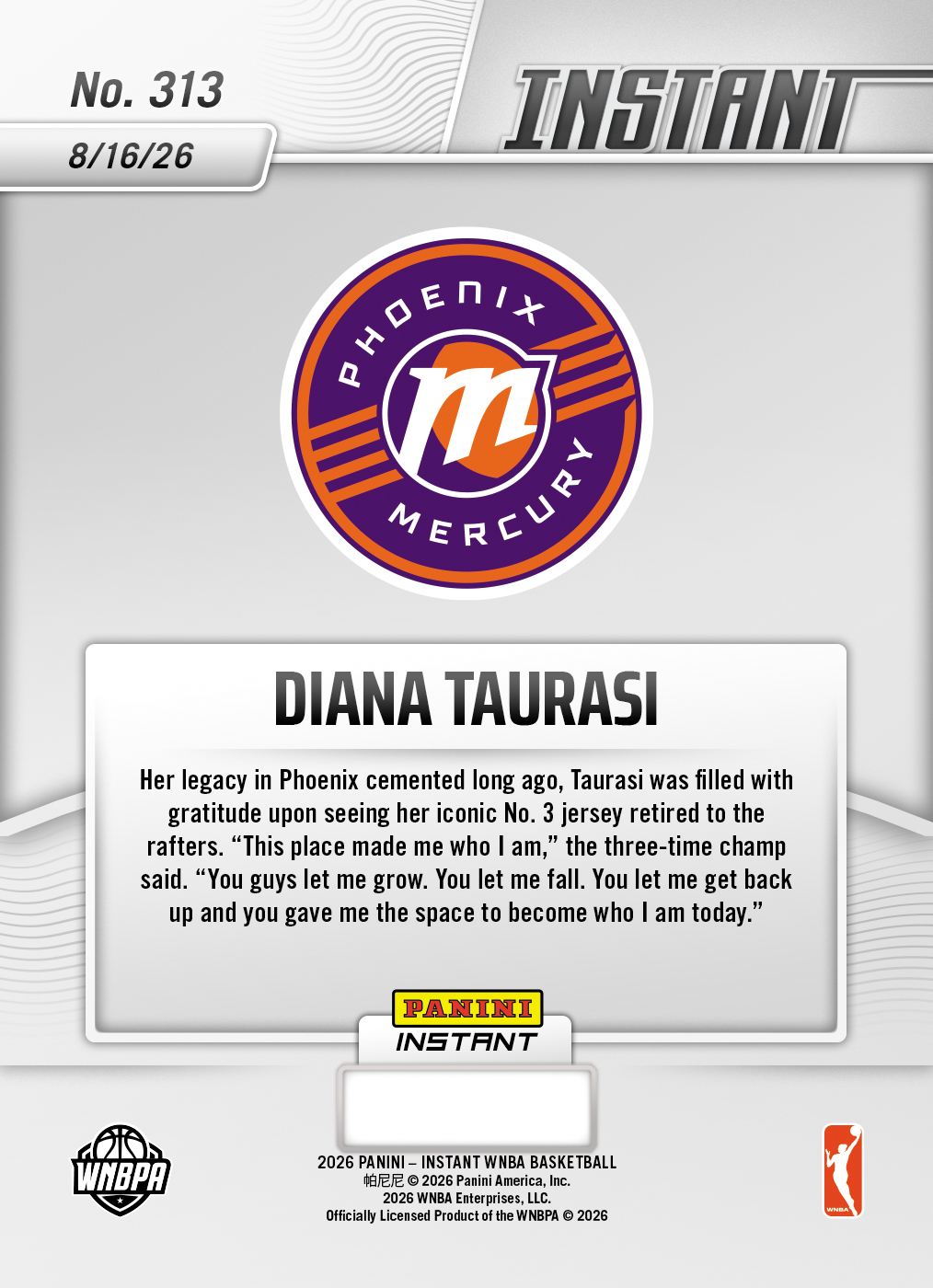 Product thumbnail image 2 of Diana Taurasi - 2026 Panini Instant WNBA #313 - Base Card 25-pack