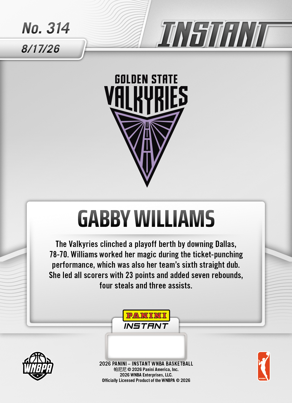 Product thumbnail image 2 of Gabby Williams - 2026 Panini Instant WNBA #314 - Base Card 10-pack
