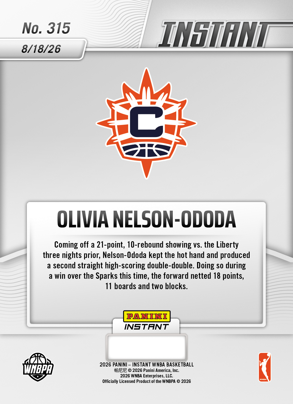 Product thumbnail image 2 of Olivia Nelson-Ododa - 2026 Panini Instant WNBA #315 - Base Card 10-pack