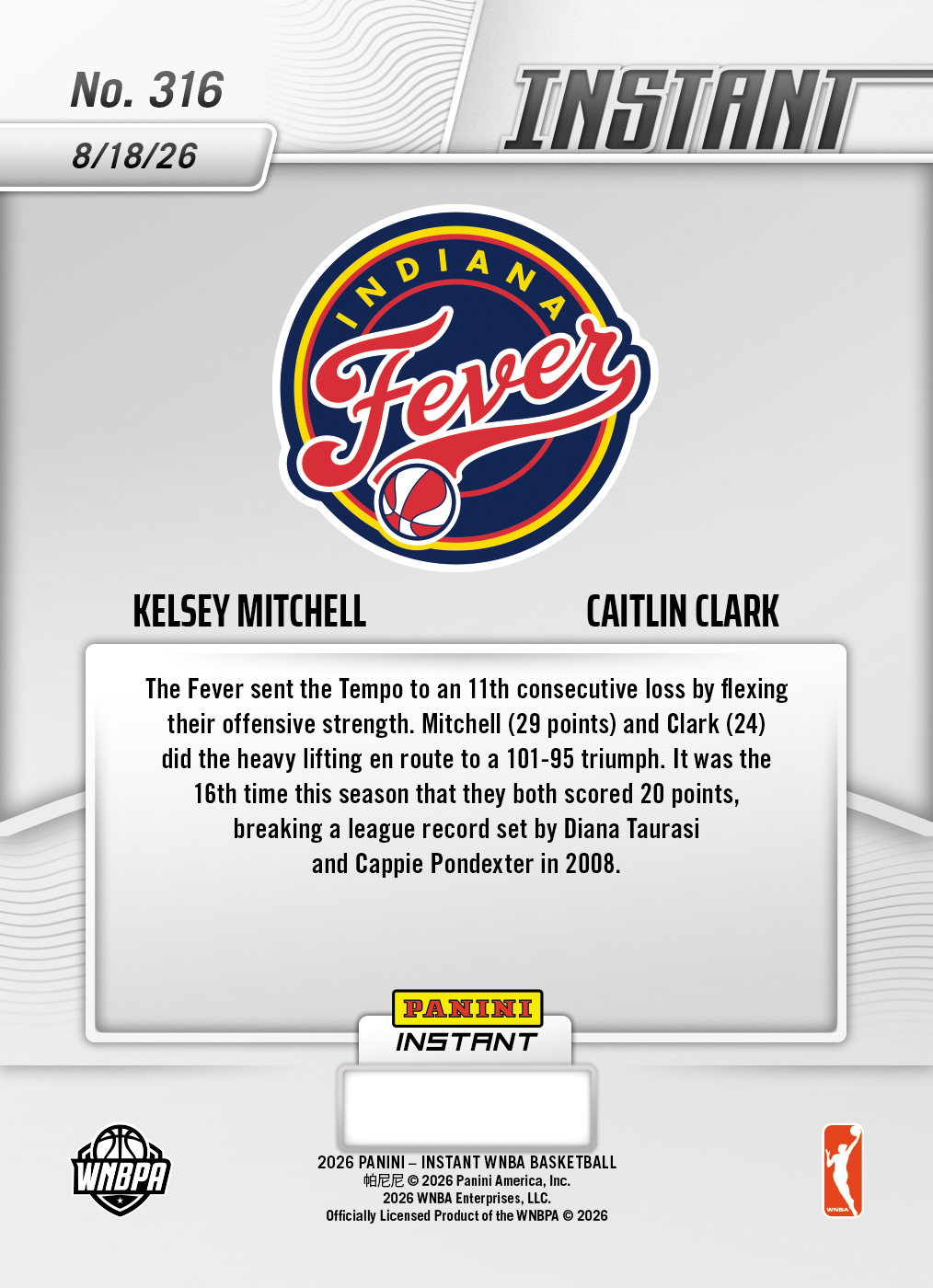 Product thumbnail image 2 of Kelsey Mitchell/Caitlin Clark - 2026 Panini Instant WNBA #316 - Base Card