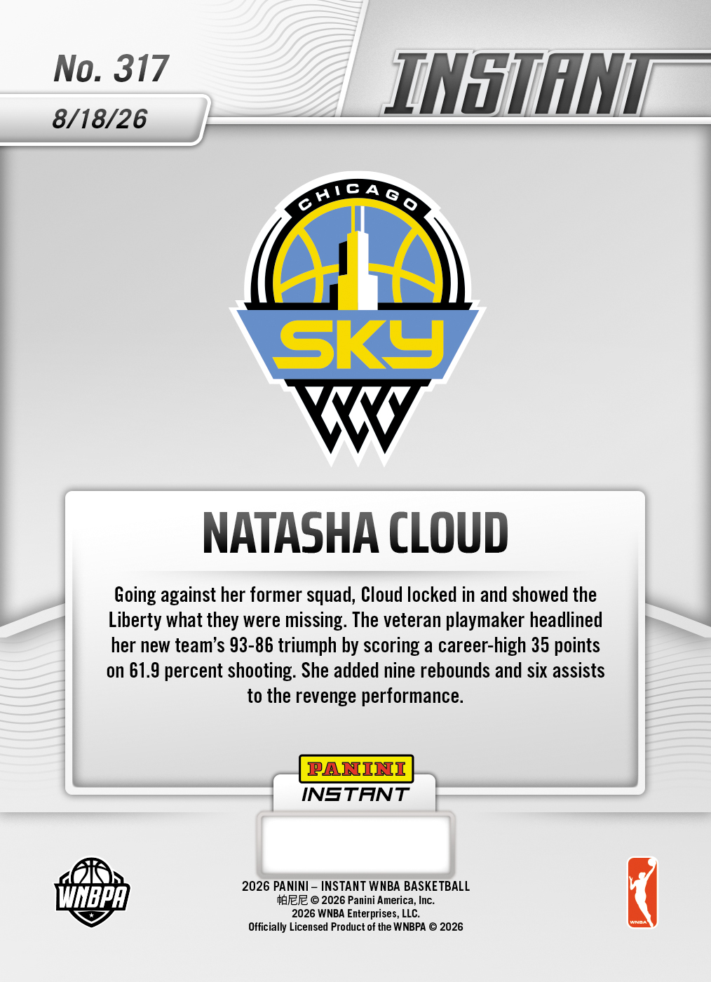 Product thumbnail image 2 of Natasha Cloud - 2026 Panini Instant WNBA #317 - Base Card