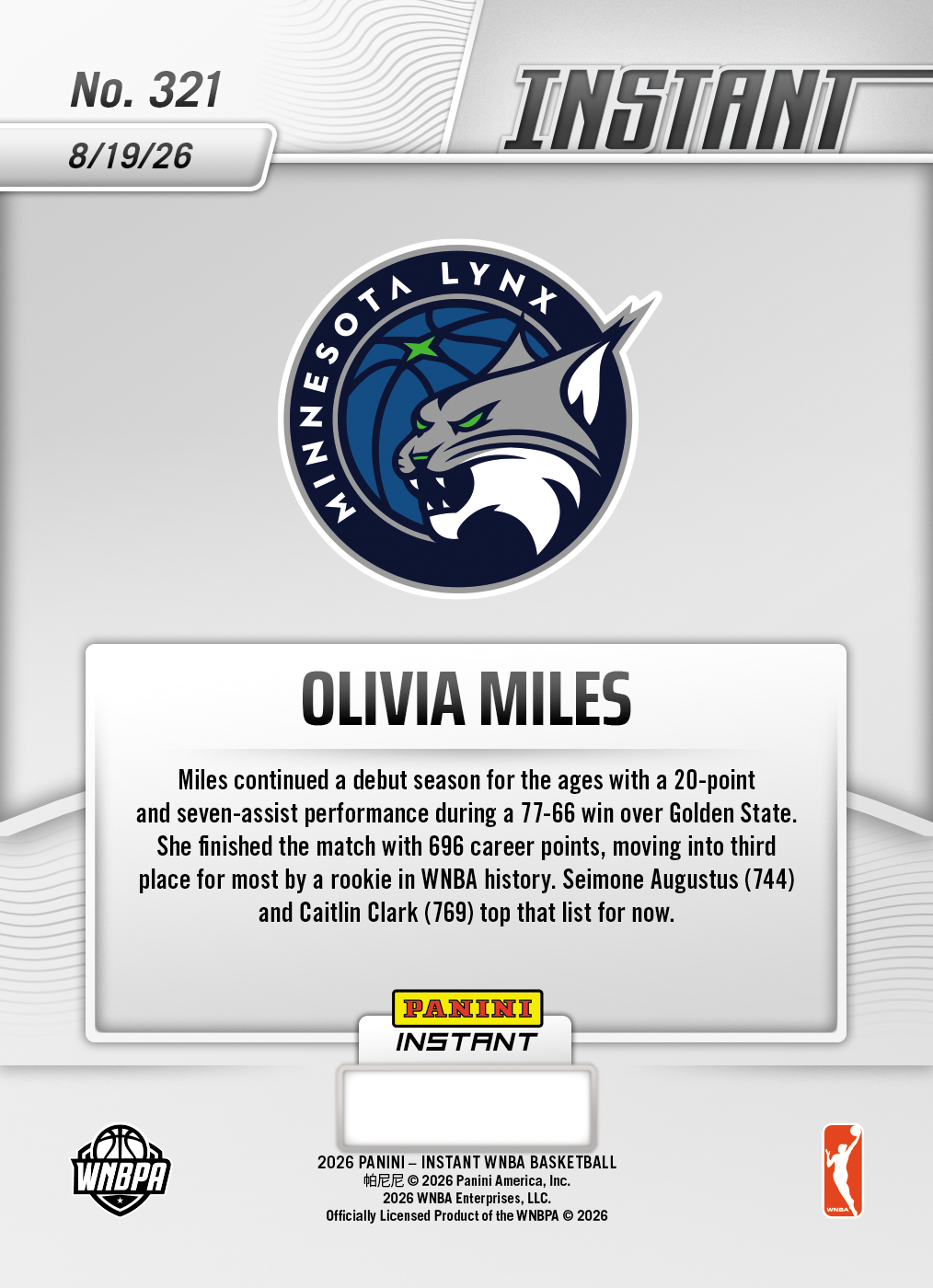 Product thumbnail image 2 of Olivia Miles - 2026 Panini Instant WNBA #321 - Base Card 25-pack