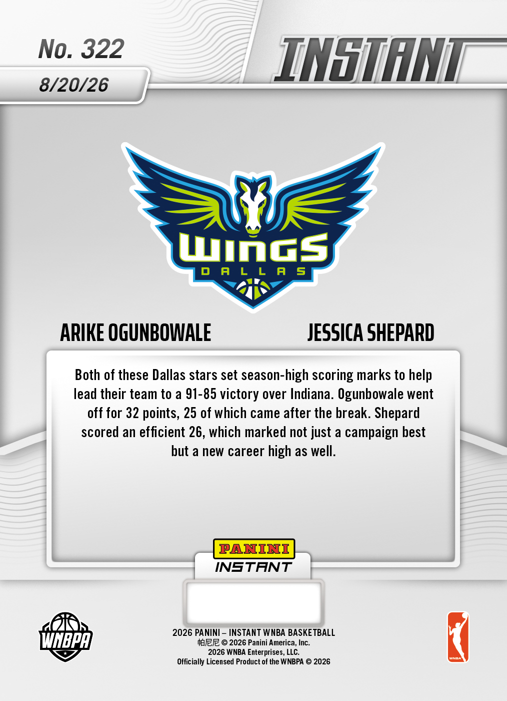 Product thumbnail image 2 of Arike Ogunbowale/Jessica Shepard - 2026 Panini Instant WNBA #322 - Base Card 25-pack