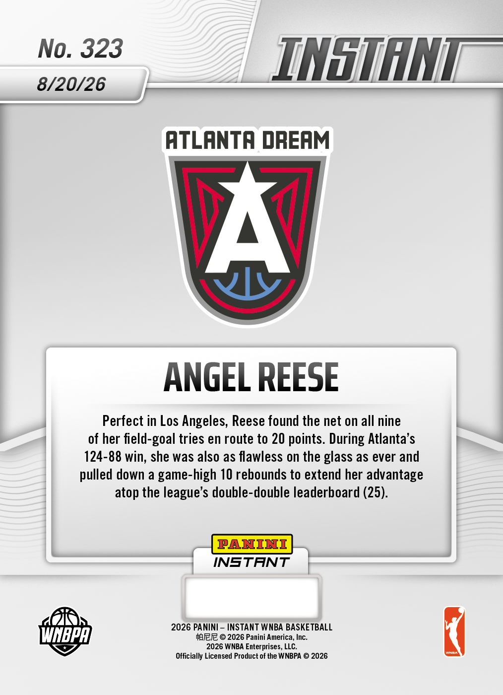 Product thumbnail image 2 of Angel Reese - 2026 Panini Instant WNBA #323 - Base Card 25-pack