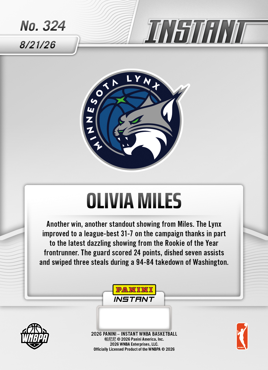 Product thumbnail image 2 of Olivia Miles - 2026 Panini Instant WNBA #324 - Base Card 25-pack